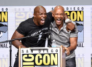 <p>In case you couldn’t tell, the actors were ecstatic to be sharing the stage at Comic-Con. It happened Thursday, when Smith unveiled the first trailer for his upcoming Netflix movie, <a rel="nofollow" href="https://www.yahoo.com/movies/will-smith-unveils-fantastical-first-bright-trailer-comic-con-004408536.html" data-ylk="slk:Bright;elm:context_link;itc:0;sec:content-canvas;outcm:mb_qualified_link;_E:mb_qualified_link;ct:story;" class="link  yahoo-link"><i>Bright</i></a>, during a panel discussion moderated by Crews. (Photo: Kevin Winter/Getty Images) </p>