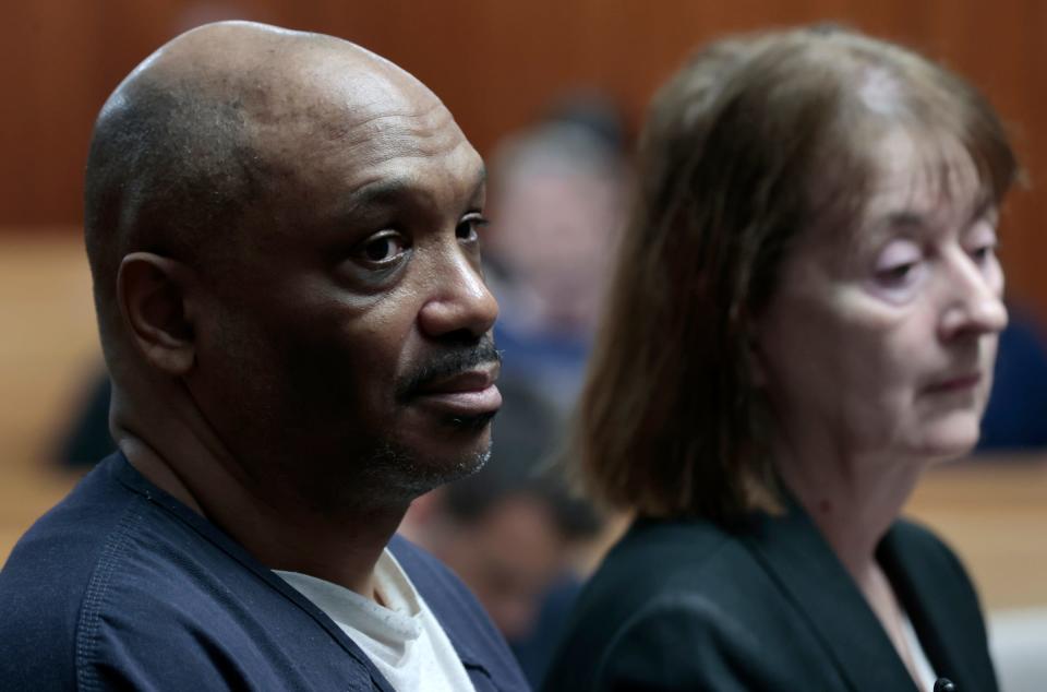 Arthur Williamson listens to Nichole Guertin, the girlfriend of former WWJ overnight anchor Jim Matthews, talk over Zoom during her victim impact statement in the courtroom of Judge James Biernat at the Macomb County Circuit Court in Mount Clemens on Thursday, June 1, 2023.