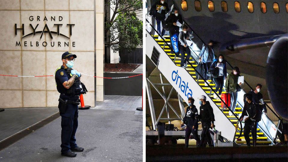 Players and team members arrive off a plane (pictured right) ahead of the Australian Open and a policeman (pictured left) standing outside a hotel before players arrive. (Getty Images) 