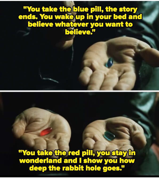 Morpheus explaining the blue and red pill to Neo in "The Matrix"