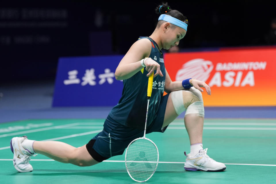 NINGBO, CHINA - APRIL 11: Tai TzuYing of Chinese Taipei competes against Aya Ohori of Japan in the women's Singles round of 16 during 2024 BAC Badminton Asia Championships at Ningbo Olympic Sports Centre on  April 11, 2024 in Ningbo, China. (Photo by Fred Lee/Getty Images)