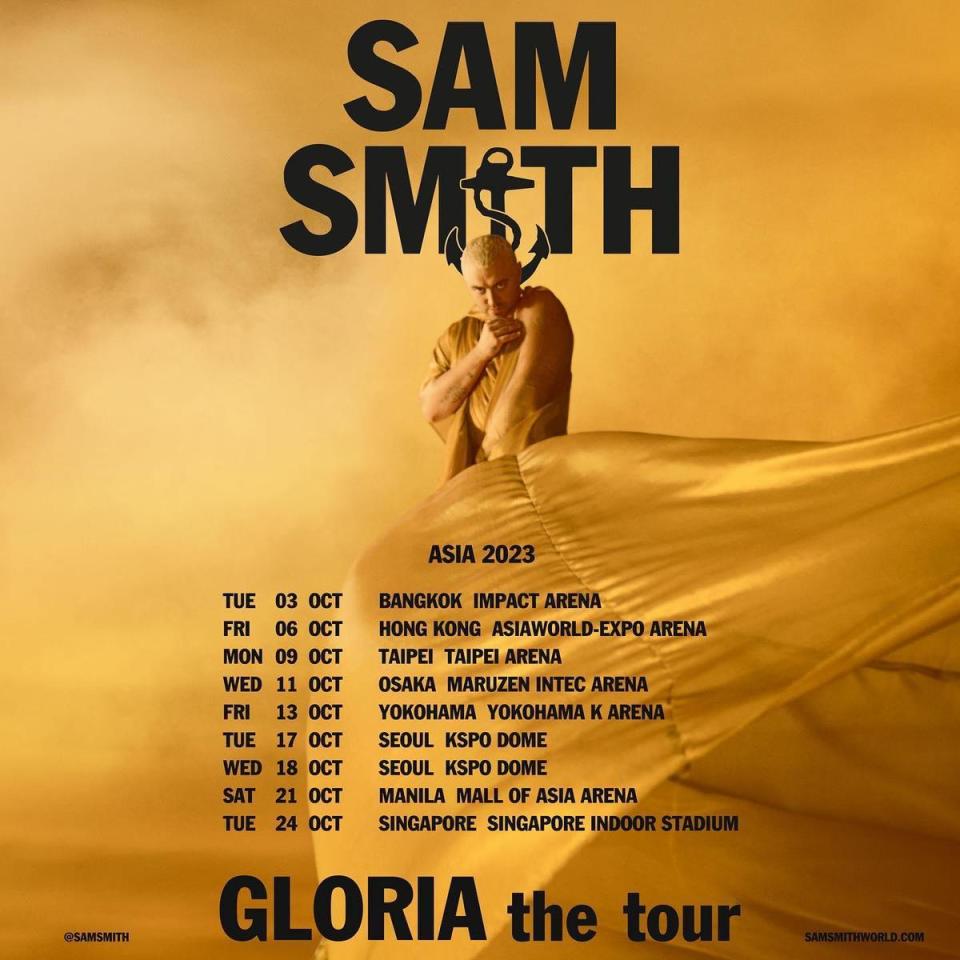 山姆史密斯的「Gloria the tour」預計10月來台開唱。（翻攝自Sam Smith臉書）