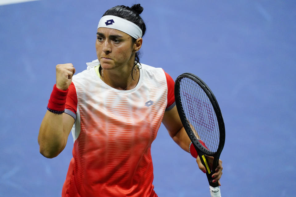 Ons Jabeur, of Tunisia, reacts after scoring a point against Caroline Garcia, of France, during the semifinals of the U.S. Open tennis championships on Thursday, Sept. 8, 2022, in New York. (AP Photo/Matt Rourke)