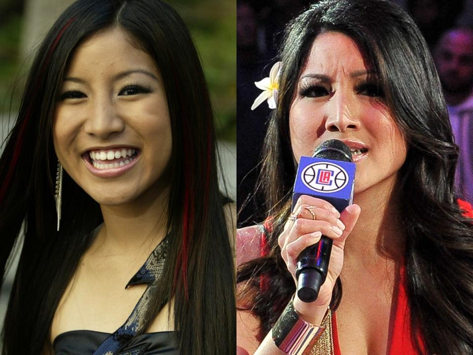 Jasmine Trias at the american idol finale in 2004 and singing at an la clippers game in 2019