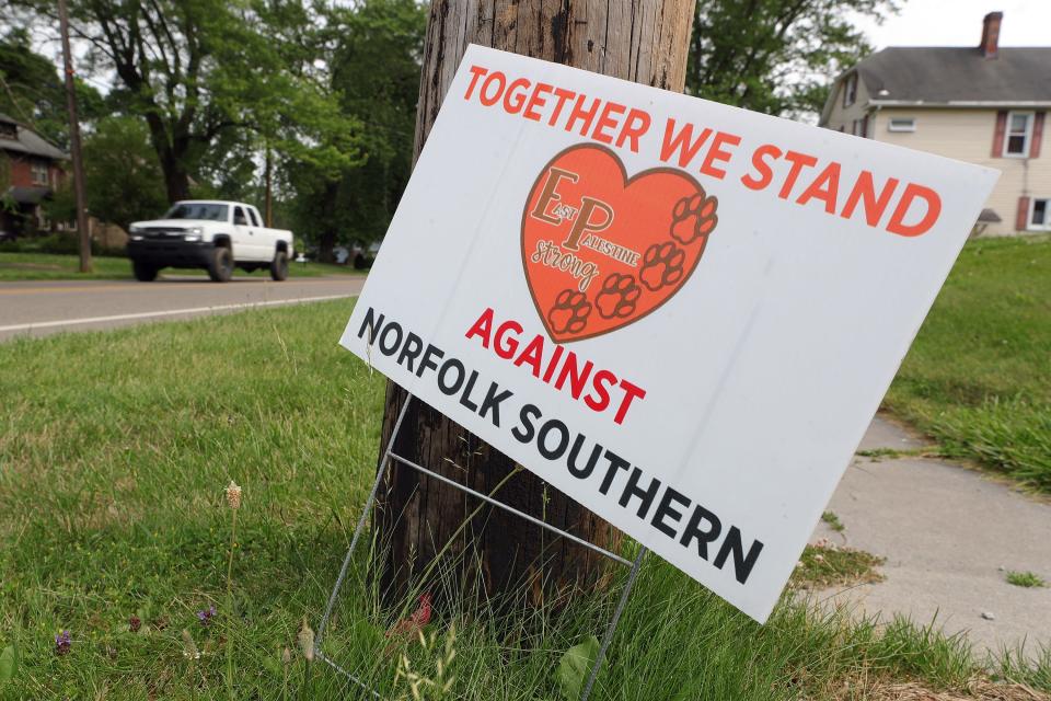 Some residents show their solidarity against Norfolk Southern before the National Transportation Safety Board hearings on the February train derailment in East Palestine.