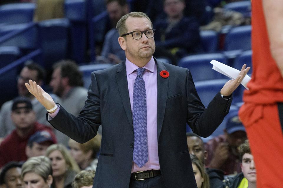 Toronto Raptors coach Nick Nurse reacts to a call against the New Orleans Pelicans during the first half of an NBA basketball game in New Orleans, Friday, Nov. 8, 2019. (AP Photo/Matthew Hinton)