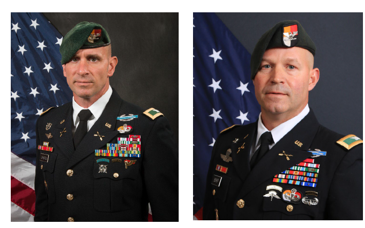 Col. Jason Johnston, left, relinquished command of the 3rd Special Forces Group to Col. John Bishop, right, June 21, 2022.