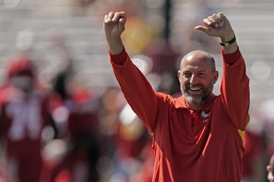 Kansas City Chiefs quarterbacks coach Matt Nagy watches a drill during NFL football training camp Thursday, Aug. 11, 2022, in St. Joseph, Mo. (AP Photo/Charlie Riedel)