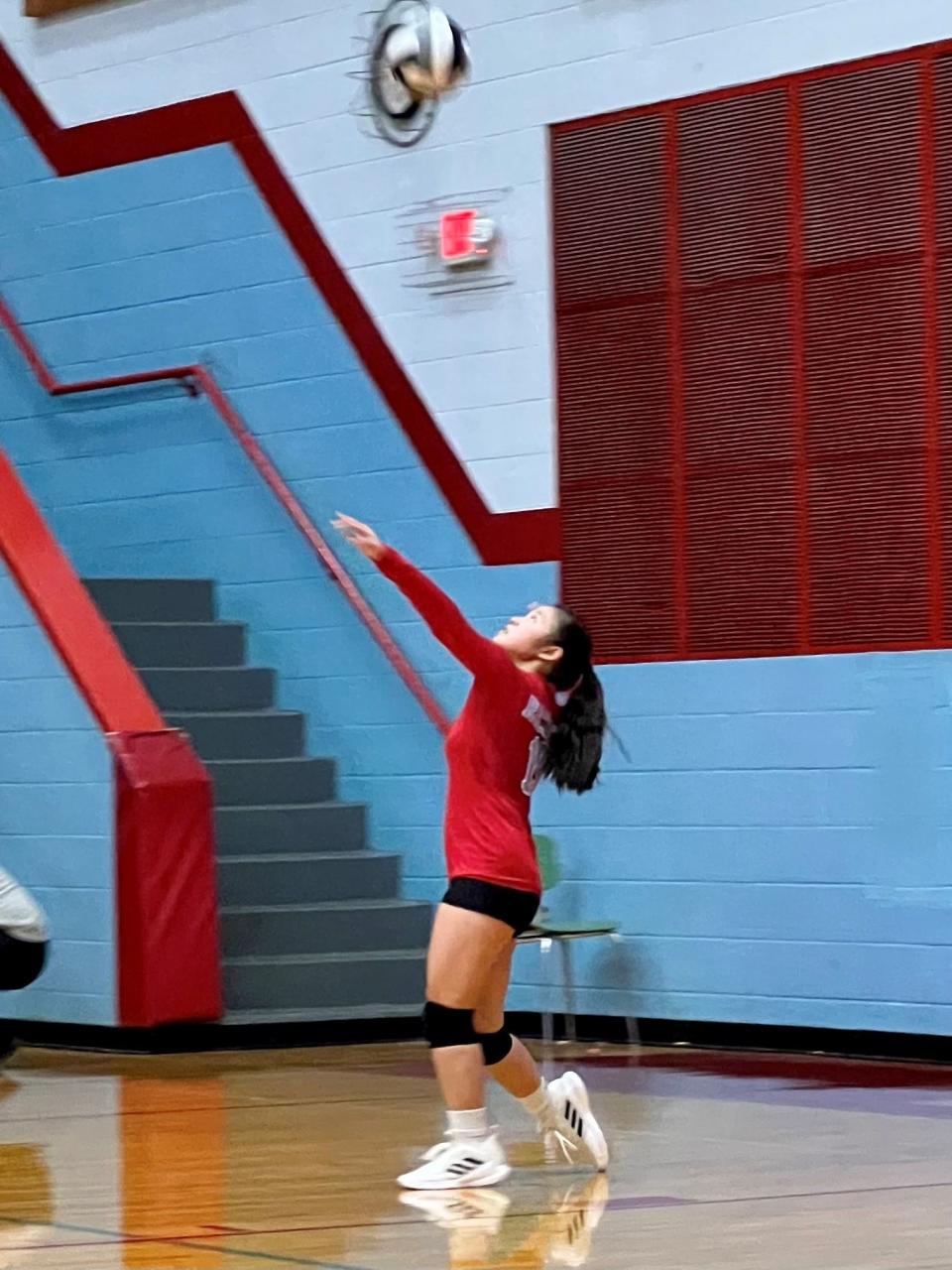 Ridgedale libero Mya Brown serves the ball during a Northwest Central Conference volleyball match last week at home against Elgin.