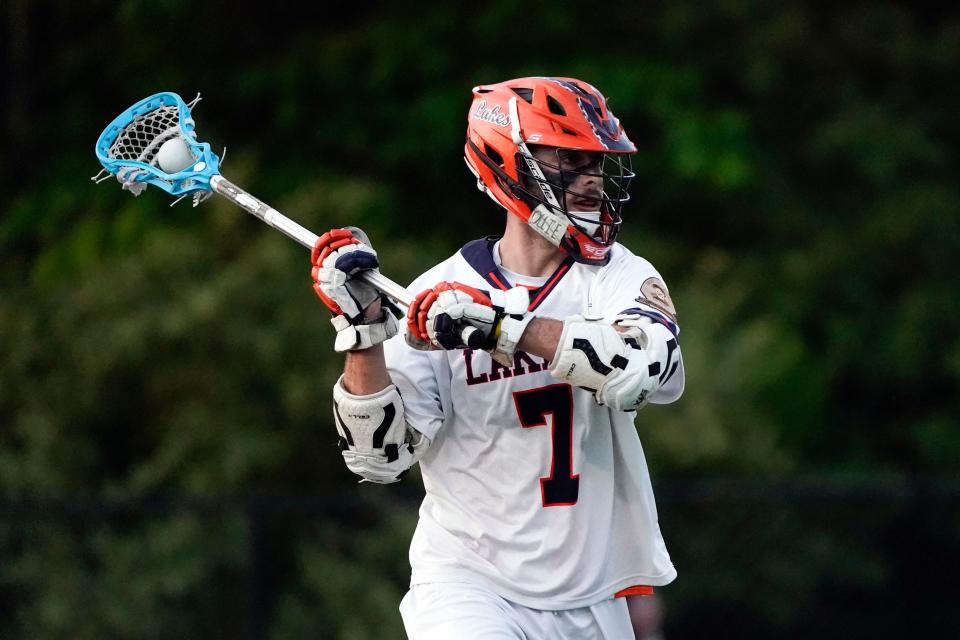 Mountain Lakes midfielder Cade Schuckman (7). Mountain Lakes defeated Chatham, 10-2, in the Morris County boys lacrosse tournament final on Tuesday, May 25, 2021, in Flanders.