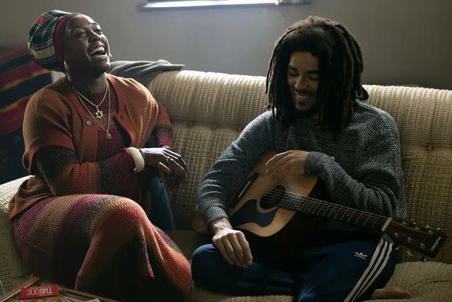 <p>Chiabella James/Paramount Pictures</p> Lashana Lynch and Kingsley Ben-Adir in 'Bob Marley: One Love'