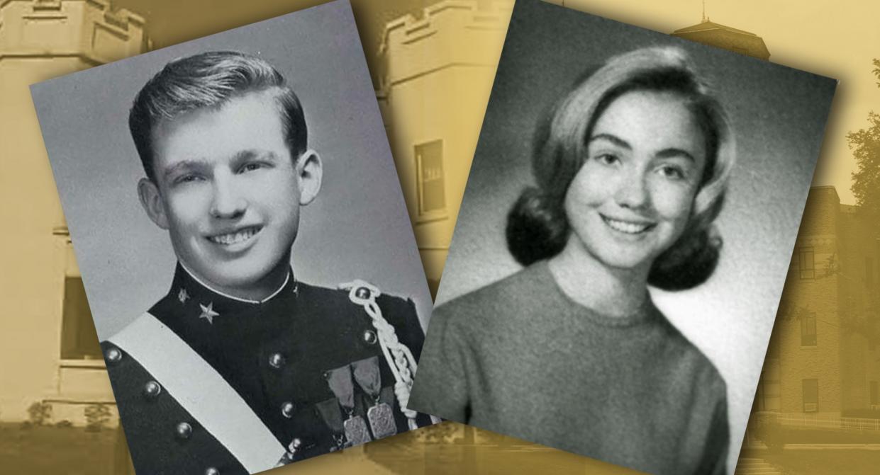 Donald Trump and Hillary Clinton in their yearbook photos. (Photos: 1965 Maine South High School yearbook, New York Military Academy’s 1964 yearbook, background photos: militaryschools411.org, LonelyBeacon via Wikipedia)