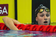 Summer McIntosh of Canada reacts after winning the women's 400m individual medley at the 19th FINA World Championships in Budapest, Hungary, Saturday, June 25, 2022. (AP Photo/Petr David Josek)