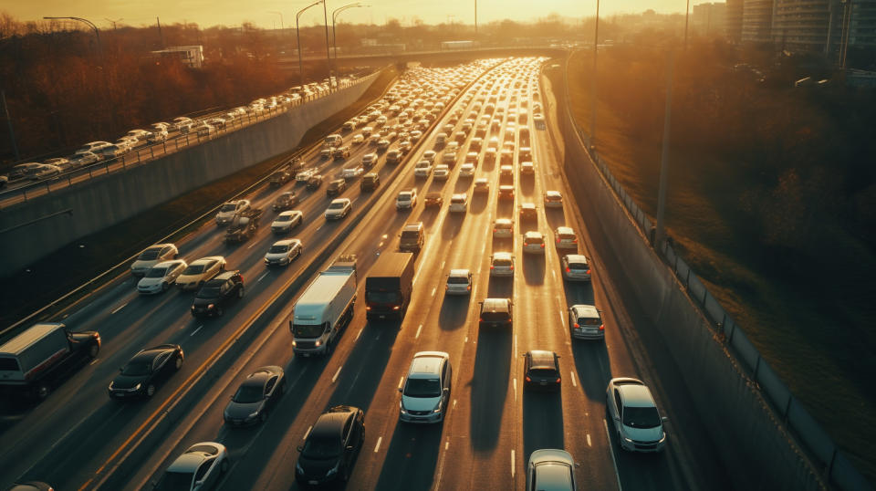 An aerial view of a busy highway, cars and trucks passing underneath.