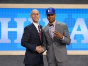 Jun 22, 2017; Brooklyn, NY, USA; Markelle Fultz (Washington) is introduced by NBA commissioner Adam Silver as the number one overall pick to the Philadelphia 76ers in the first round of the 2017 NBA Draft at Barclays Center. Mandatory Credit: Brad Penner-USA TODAY Sports