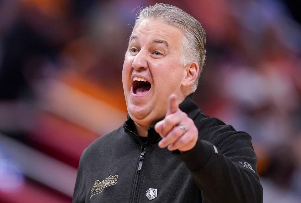 Purdue Boilermakers head coach Matt Painter yells to the referee Sunday, March 31, 2024, during the midwest regional championship at the Little Caesars Arena in Detroit. The Purdue Boilermakers defeated the Tennessee Volunteers, 72-66.