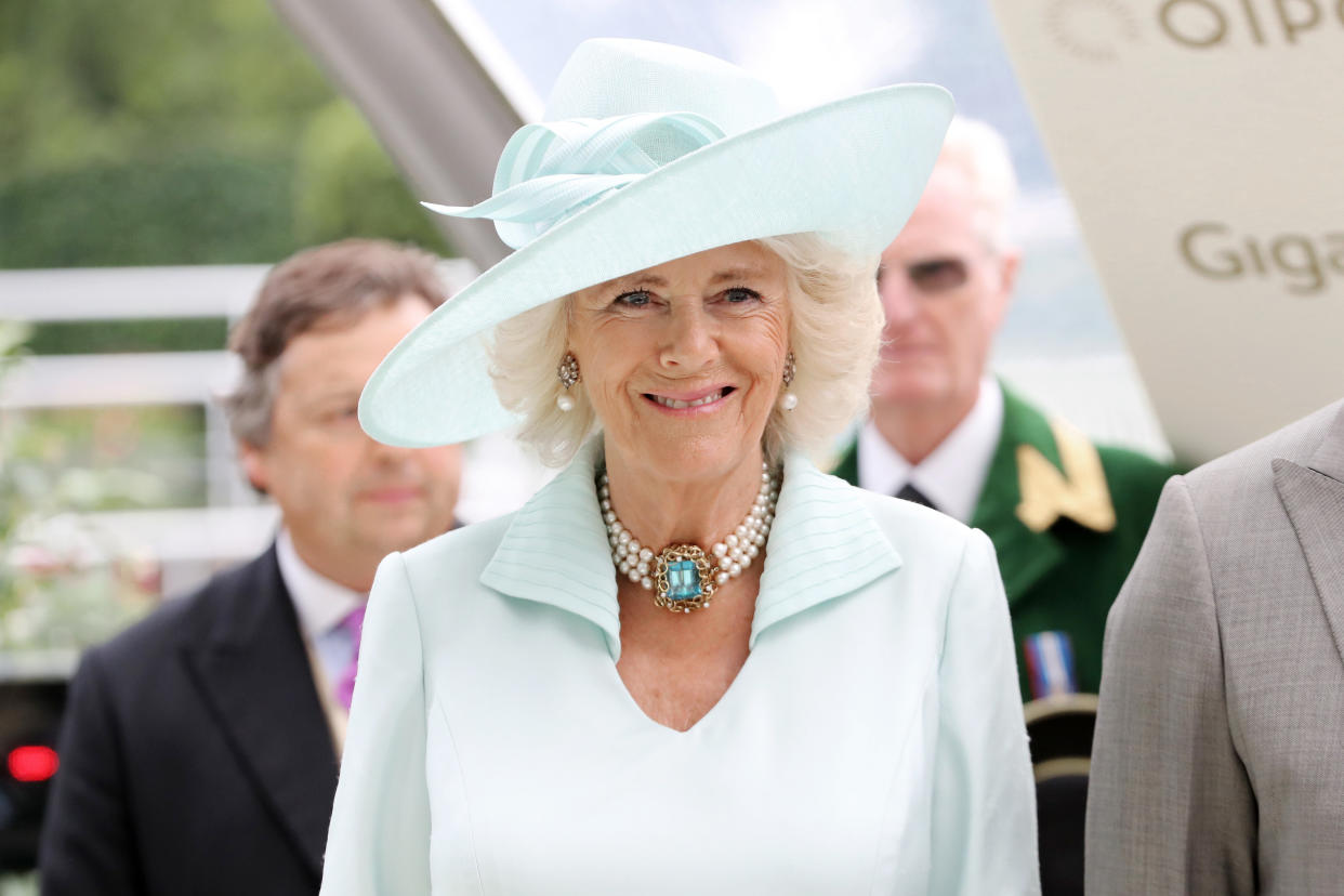 ASCOT, ENGLAND - JUNE 19: Camilla, Duchess of Cornwall is seen during the presentation of the Prince of Wale's Stakes on day two of Royal Ascot at Ascot Racecourse on June 19, 2019 in Ascot, England. (Photo by Chris Jackson/Getty Images)