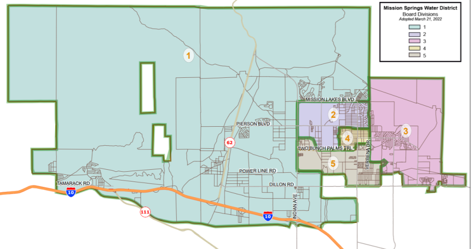 Mission Springs Water District division map. Divisions 1 and 5 are up for election this November.
