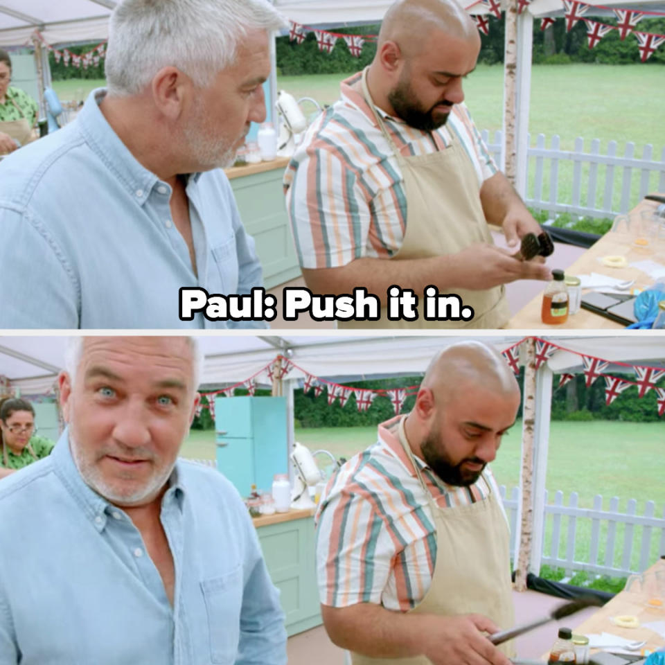 Paul watches George struggle with tongs