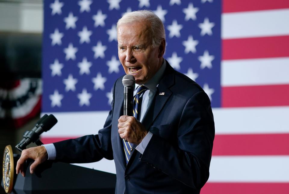 President Joe Biden speaks about his economic agenda at International Union of Operating Engineers Local 77's training facility in Accokeek, Md., Wednesday, April 19, 2023.