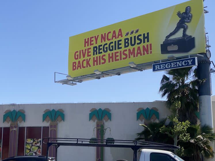 A billboard demanding the return of Reggie Bush's Heisman Trophy on White Oak and Ventura Blvd in Encino on April 26, 2023.