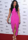 Celebrities in neon fashion: Sarah Jane Crawford stood out in bright pink.<br><br>[Rex]