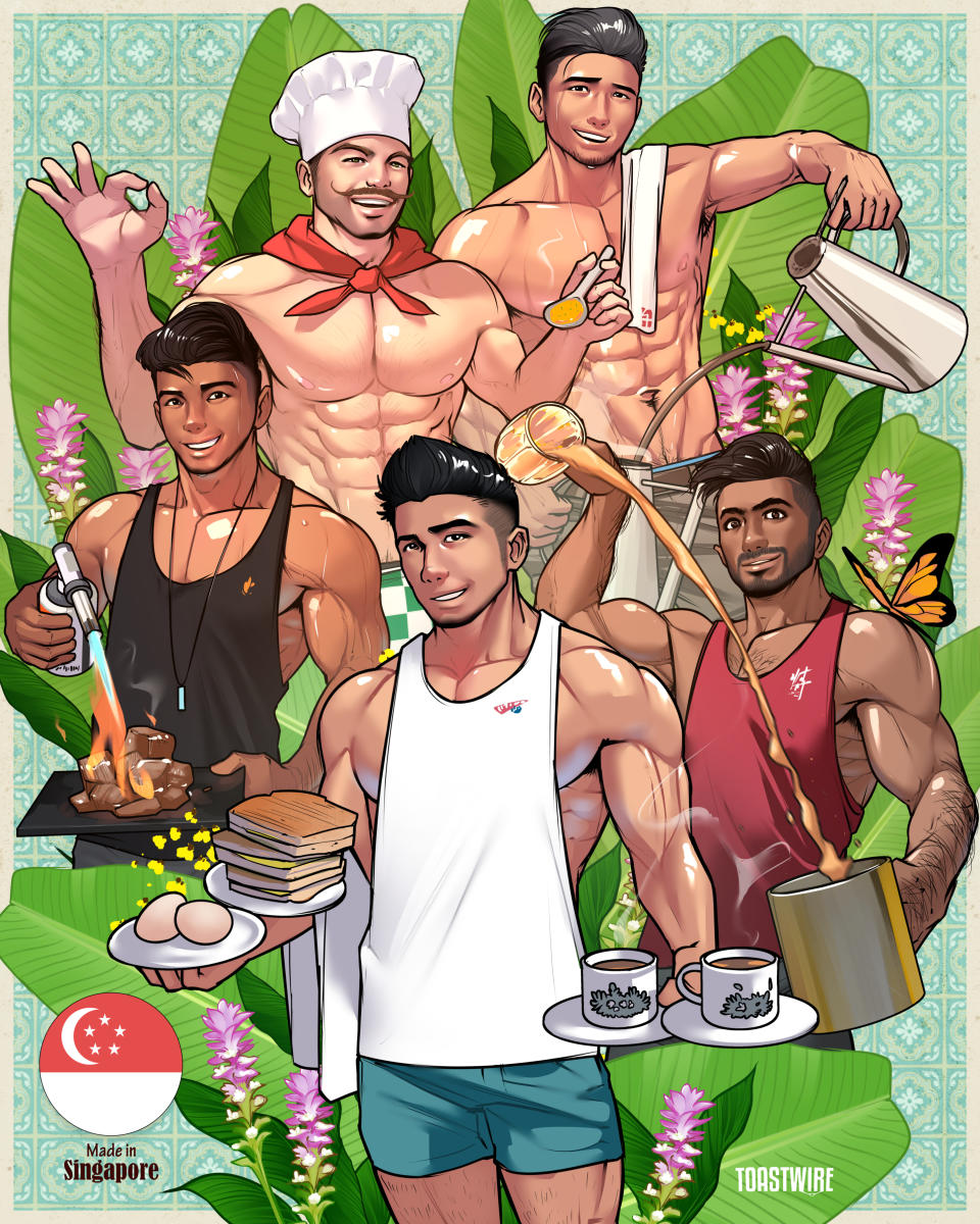 Artist Toastwire's five hunky food mascots of the brands Kopitiam, Ya Kun Kaya Toast, Mr Teh Tarik, Beef Bro and Jack's Place. (Artwork: Toastwire)