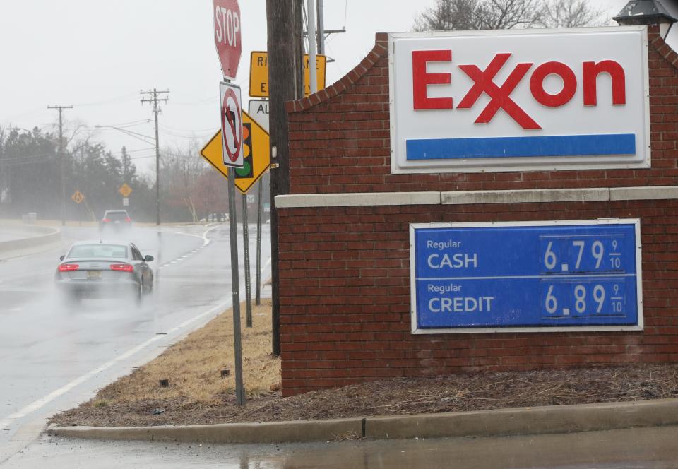 An Exxon gas station on Route 206 south by an exit for Route 287 in Bedminster, NJ and their price for gas at $6.89 as of March 9, 2022.