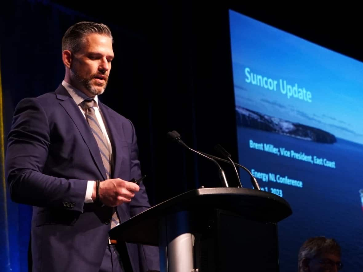 Suncor's vice-president of east coast operations, Brent Miller, gives an update on his company's operations at the Energy N.L. conference on Thursday. (Ryan Cooke/CBC - image credit)