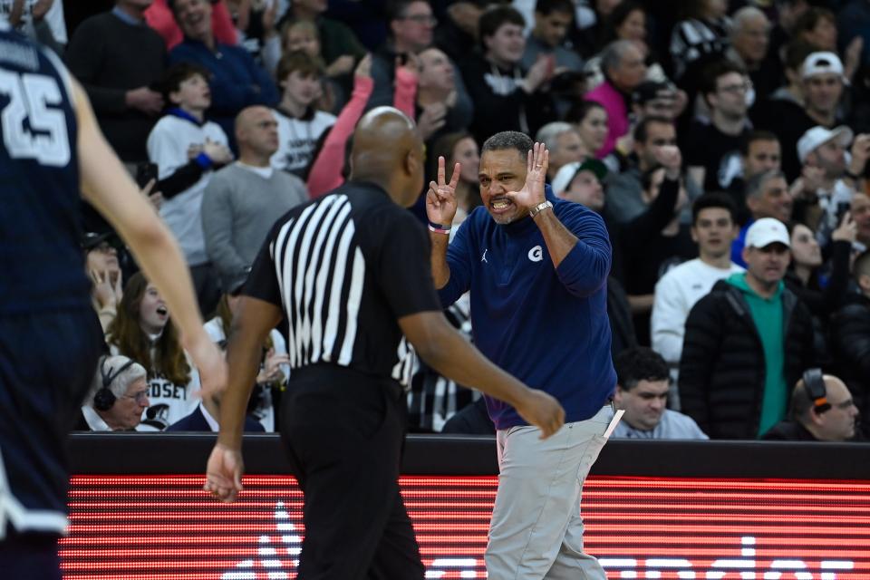 Georgetown coach Ed Cooley reacts to a call during the second half of Saturday's game against Providence at Amica Mutual Pavilion.