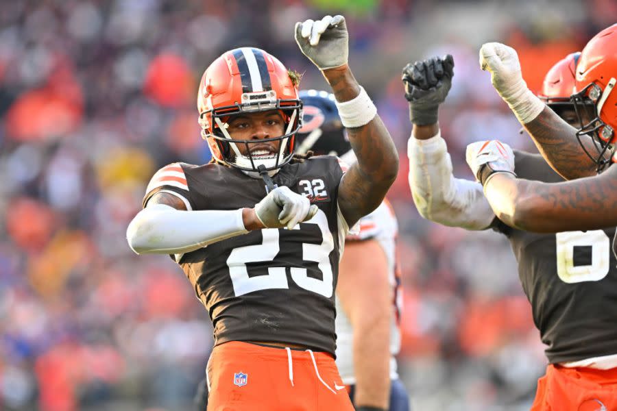 CLEVELAND, OHIO – DECEMBER 17: Martin Emerson Jr. #23 of the Cleveland Browns celebrates after a fourth quarter stop against the Chicago Bears at Cleveland Browns Stadium on December 17, 2023 in Cleveland, Ohio. (Photo by Jason Miller/Getty Images)