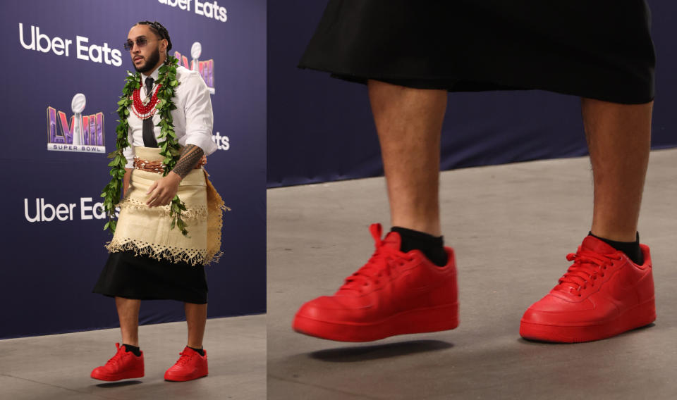 LAS VEGAS, NEVADA - FEBRUARY 11: Talanoa Hufanga #29 of the San Francisco 49ers arrives before Super Bowl LVIII against the Kansas City Chiefs at Allegiant Stadium on February 11, 2024 in Las Vegas, Nevada. (Photo by Steph Chambers/Getty Images)