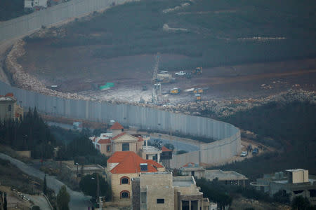 FILE PHOTO: Israeli drilling equipment is seen next to the border with Lebanon, near the Lebanese village of Kfar Kila, seen from the Israel's side December 4, 2018. REUTERS/Ronen Zvulun/File Photo