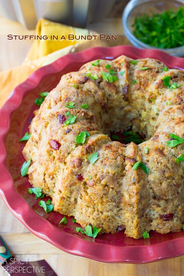 <p>Bake leftover stuffing in your bundt pan for a dish that's worthy of a second holiday feast. </p><p><em><a href="https://www.aspicyperspective.com/stuffing-bundt-pan/" rel="nofollow noopener" target="_blank" data-ylk="slk:Get the recipe from A Spicy Perspective »;elm:context_link;itc:0;sec:content-canvas" class="link ">Get the recipe from A Spicy Perspective »</a></em></p>