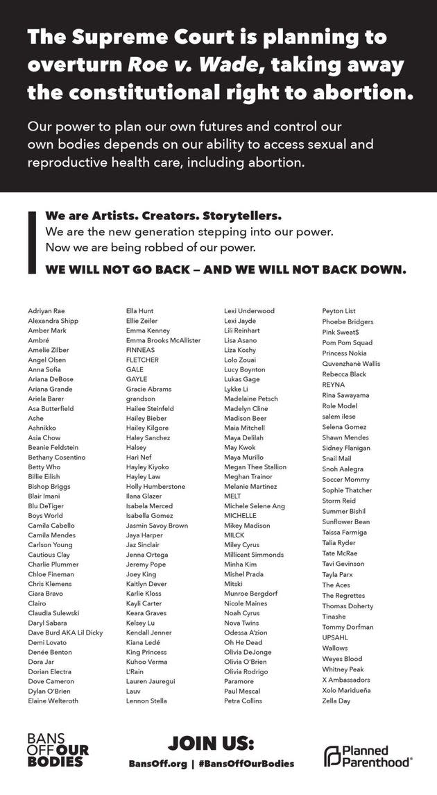 Ariana Grande, Billie Eilish, Kendall Jenner et une centaine de stars s'offrent une page de pub dans le New York Times pour défendre le droit à l'avortement (Photo: New York Times)