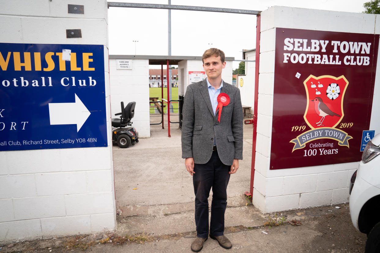 Newly-elected Labour MP Keir Mather waits for leader Sir Keir Starmer at Selby Town Football Club after the by-election. (PA)