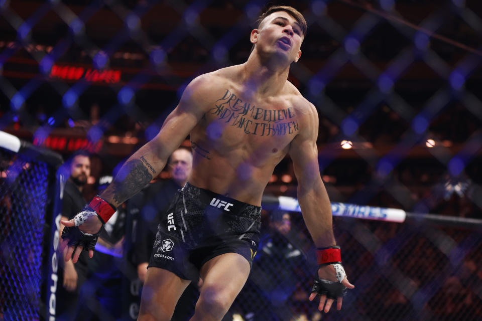 NEW YORK, NEW YORK – NOVEMBER 11: Diego Lopes of Brazil celebrates defeating Pat Sabatini in a featherweight fight during the UFC 295 event at Madison Square Garden on November 11, 2023 in New York City. (Photo by Sarah Stier/Getty Images)