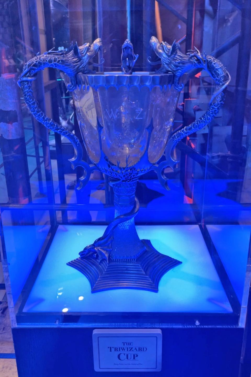 Trophy with dolphin-shaped handles on display, labeled 