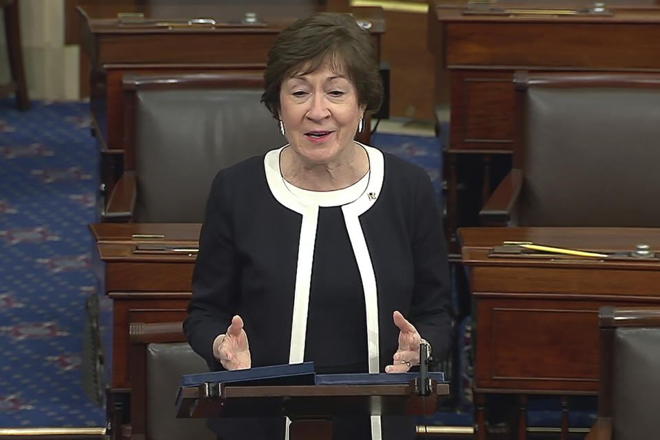 In this image from video, Sen. Susan Collins, R-Maine, speaks after the Senate acquitted former President Donald Trump in his second impeachment trial in the Senate at the U.S. Capitol in Washington, Saturday, Feb. 13, 2021. Trump was accused of inciting the Jan. 6 attack on the U.S. Capitol, and the acquittal gives him a historic second victory in the court of impeachment. (Senate Television via AP)