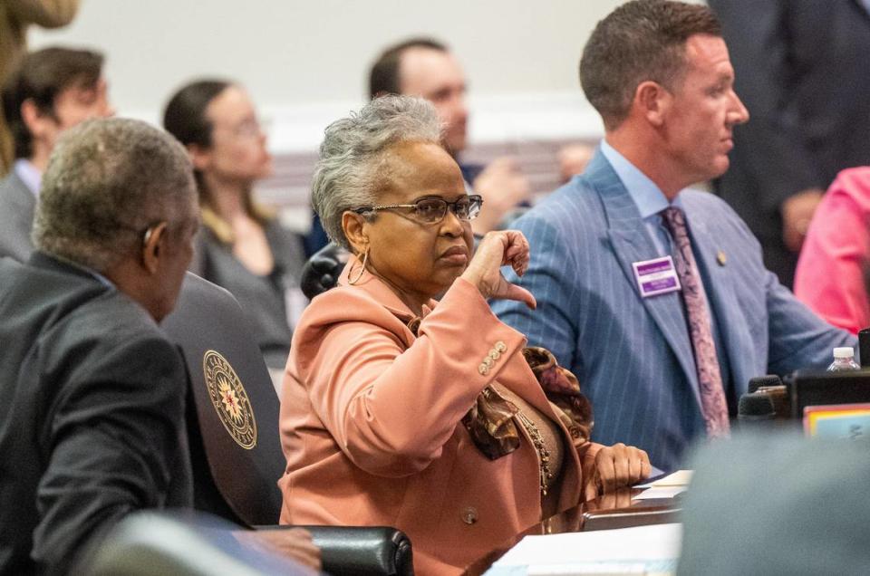 Sen. Gladys Robinson, a Guilford County Democrat, votes against an abortion restrictions bill that was up for a veto override vote on Tuesday, May 16, 2023, at the Legislative Building in Raleigh, N.C. Republicans have a veto-proof supermajority in the General Assembly, with the ability to overturn a veto from Democratic Gov. Roy Cooper. Travis Long/tlong@newsobserver.com