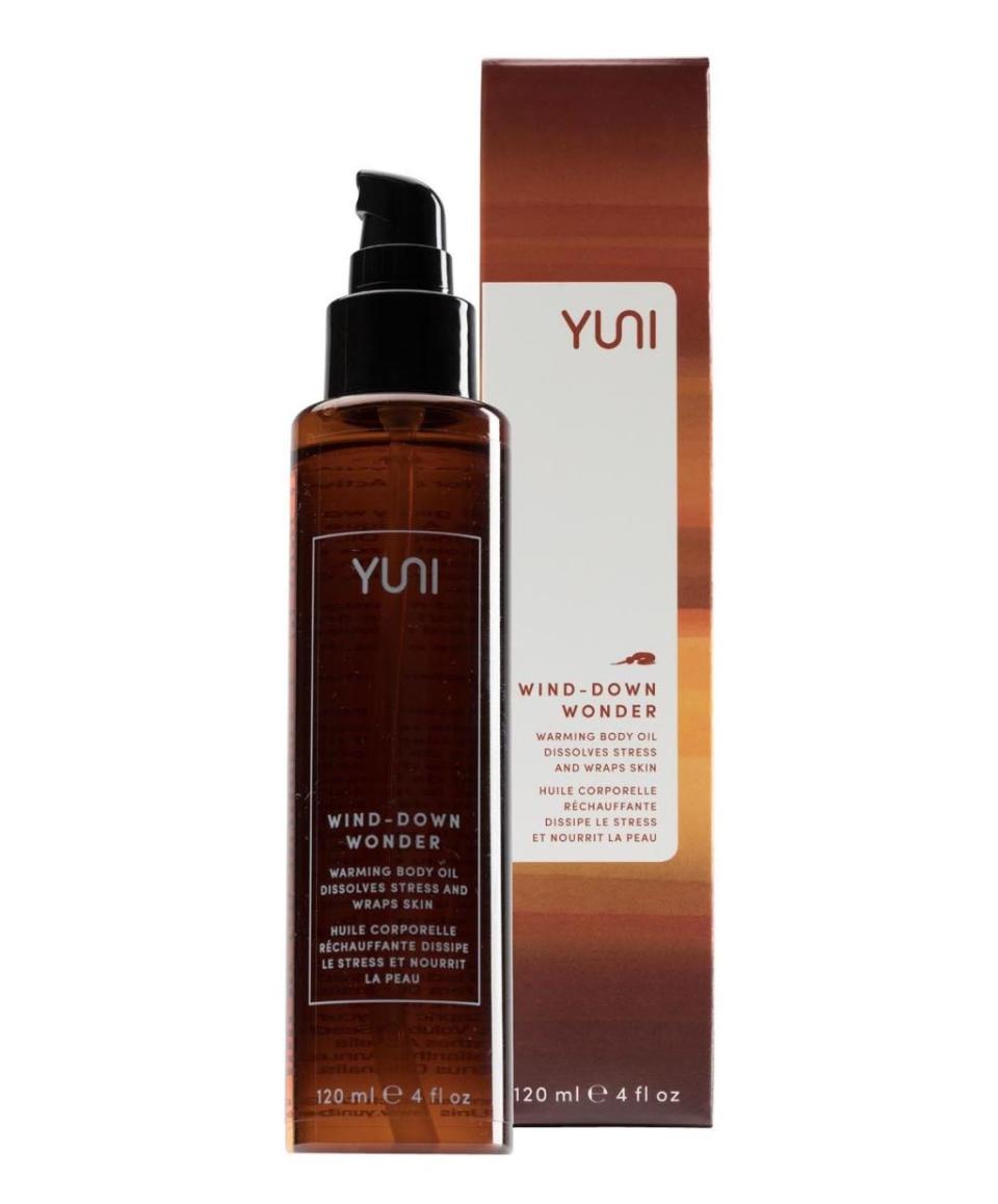 <p>Wind Down Wonder by Yuni, $35, <a rel="nofollow noopener" href="https://credobeauty.com/collections/body-oils-serums/products/yuni-wind-down-wonder-warming-body-oil-spray" target="_blank" data-ylk="slk:credobeauty.com;elm:context_link;itc:0;sec:content-canvas" class="link "><u>credobeauty.com</u></a>. </p>