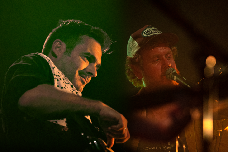 Dave Symes and Tim Hart of Boy & Bear performing live at The Tivoli in Fortitude Valley, Brisbane. 