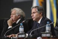 U.S. Secretary of State Antony J. Blinken addresses the 52nd OAS General Assembly in Lima, Peru, Thursday, Oct. 6, 2022. (AP Photo/Guadalupe Pardo)