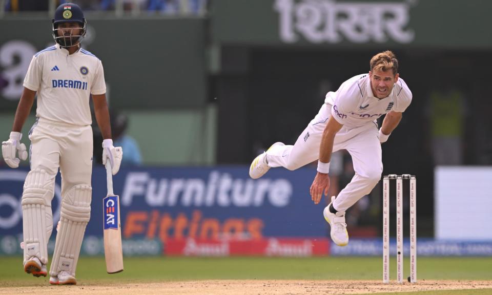 <span>Jimmy Anderson bowls on day three of the second Test against India.</span><span>Photograph: Stu Forster/Getty Images</span>