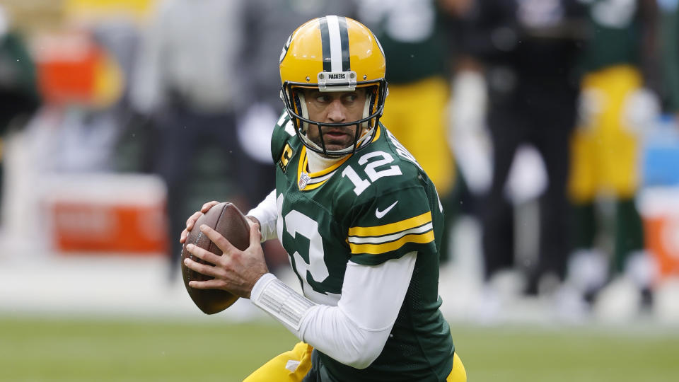 Green Bay Packers' Aaron Rodgers in action during an NFL football game, Sunday, Nov 1. 2020, between the Minnesota Vikings and Green Bay Packers in Green Bay, Wis. (AP Photo/Jeffrey Phelps)