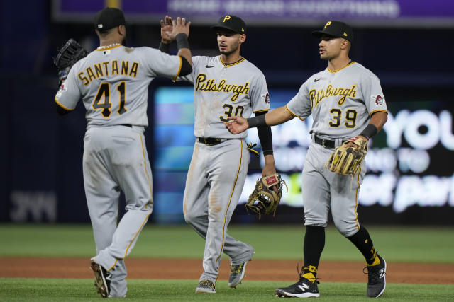 Pittsburgh Pirates' Carlos Santana plays during a baseball game