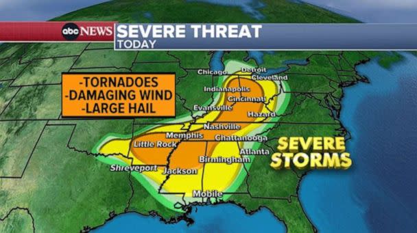 PHOTO: At least 57 Million Americans are under the threat of severe weather today, covering a large area from the Canadian border to the Gulf Coast. (ABC News)