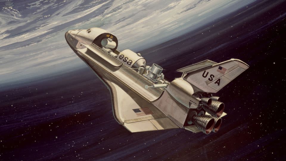 An artist's rendering from the late 1970s shows what a NASA space shuttle would look like on a joint mission with the European Space Agency.  - Spatial Frontiers / Getty Images