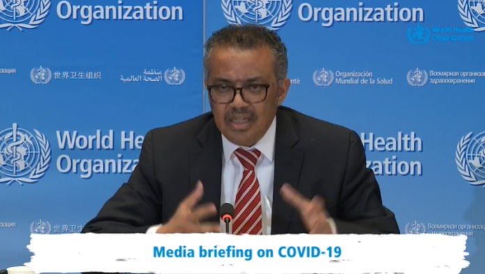 WHO head, Tedros Ghebreyesus speaks at an event（Photo／Screengrab of WHO live broadcast）