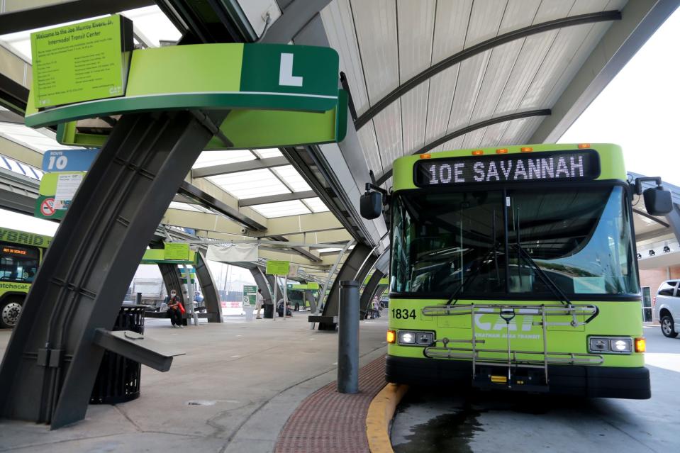 A bus sits at the Chatham Area Transit Intermodal Transit Center.
